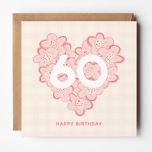 60th Birthday Card for Her; mum, daughter, niece, sister, friend, auntie, pretty, pink, with Kraft envelope