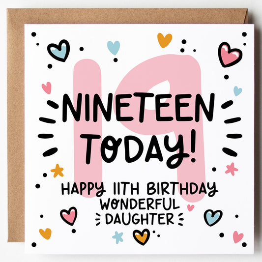 Daughter 19th Birthday Card; Nineteen Today, with Kraft Envelope