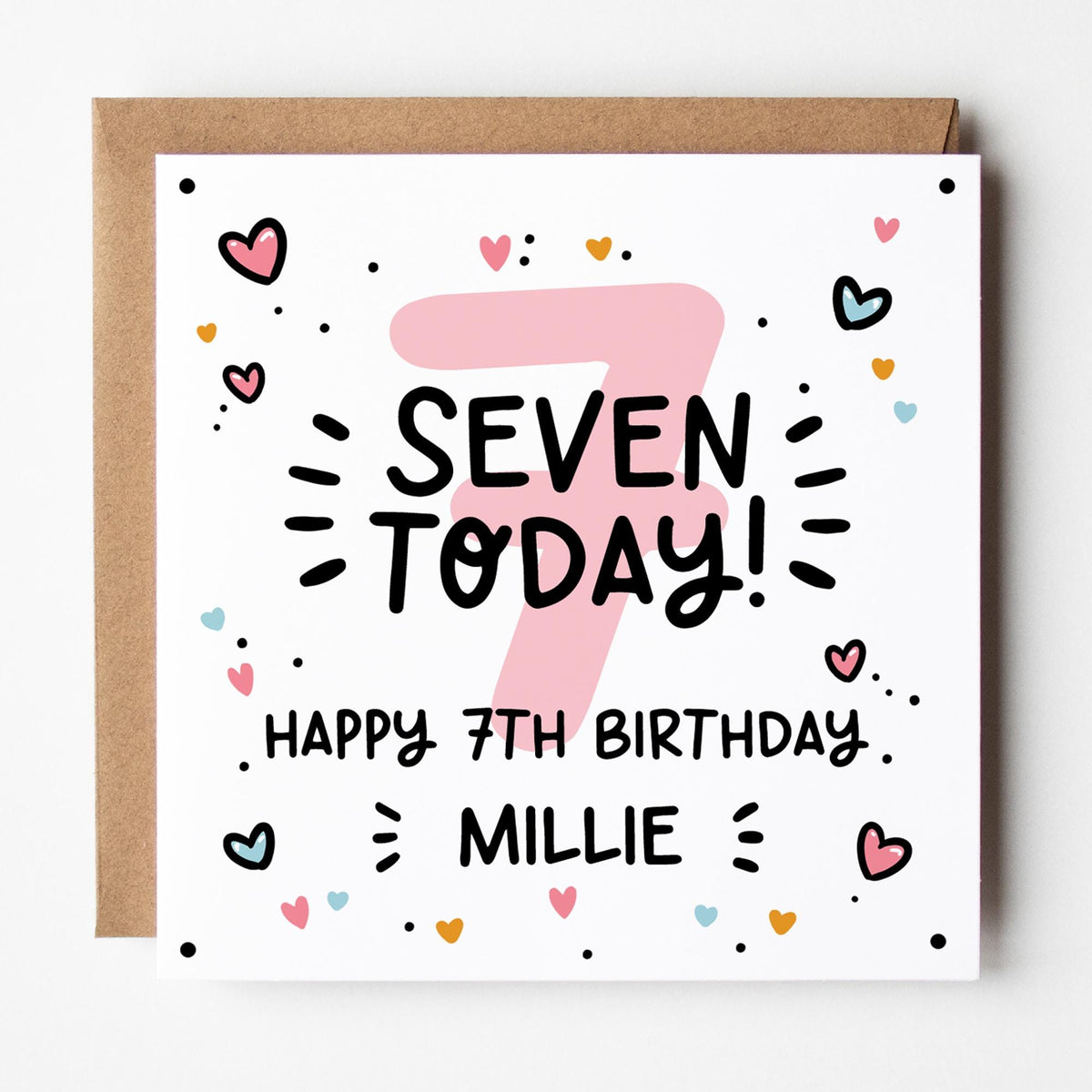 Personalised Girls 6th 7th 8th 9th Birthday Card: Pink number, Custom Name, Kraft Envelope
