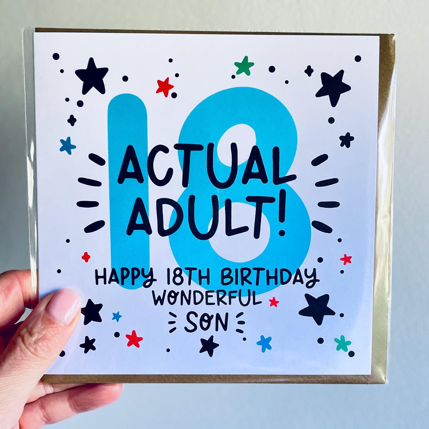 Son 18th Birthday Card; Blue 18, with Kraft Envelope