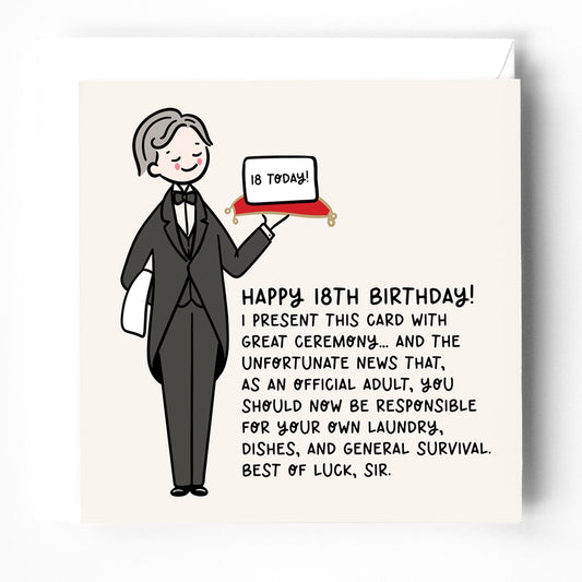 18th Birthday Card for Him: Funny, Butler Design for Boys, with White envelope