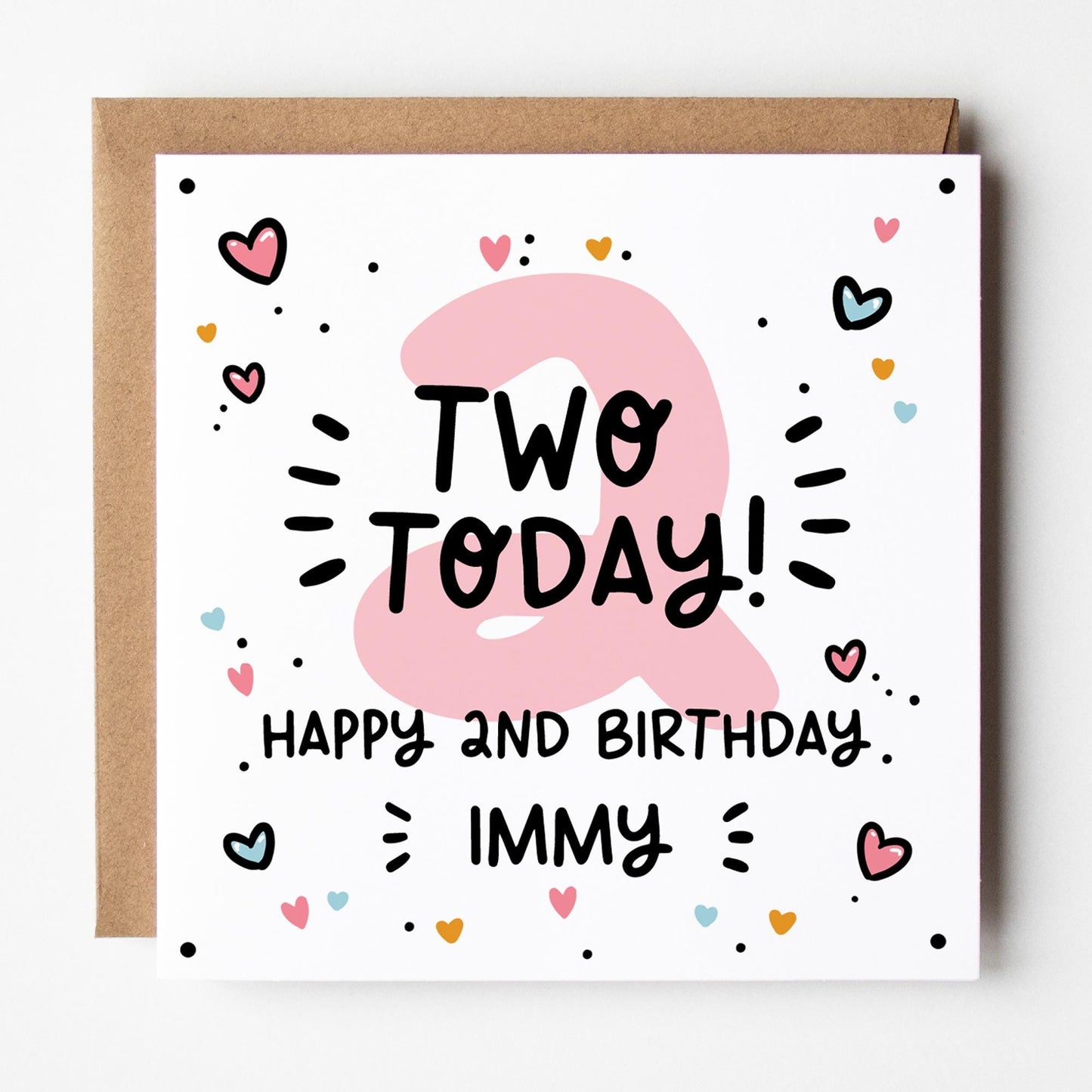 Girls 2nd Birthday Card, Custom Illustrated Second Birthday Card with Kraft Envelope