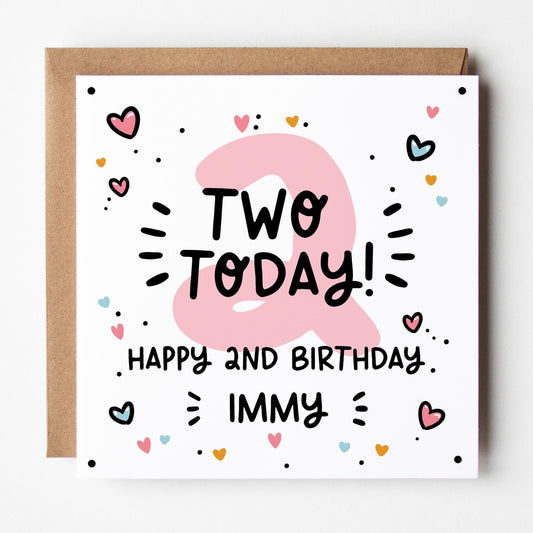 Girls 2nd Birthday Card, Custom Illustrated Second Birthday Card with Kraft Envelope
