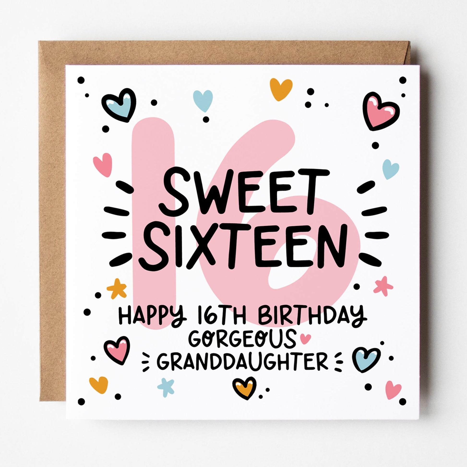 16th Birthday Card for Granddaughter: Pink 16, Sweet Sixteen with Hearts and Kraft Envelope