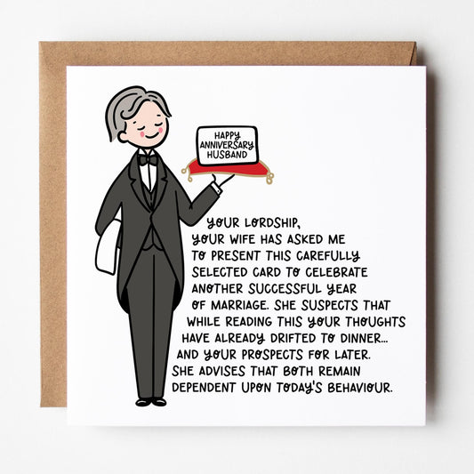 Funny Husband Anniversary Card; with Kraft envelope.
