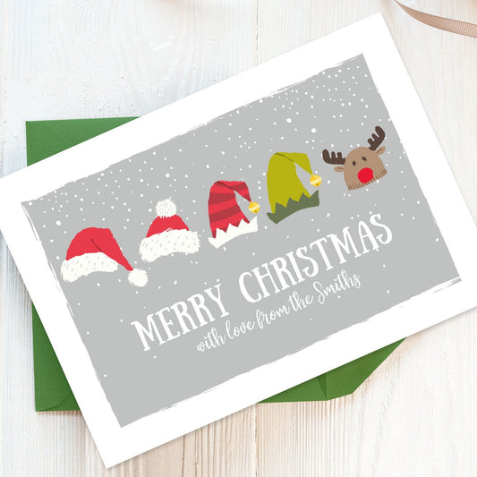 Personalised Christmas Hats Cards, Fun Family Christmas Cards with envelopes