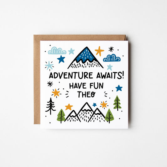 Adventure Awaits Card • Personalised Travel Card for Adventurers • Cute Bon Voyage Card •