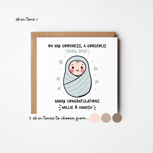 New Baby Boy Card 3 Skin Tones • Personalised New Baby Card • Congratulations New Baby Boy Card • Boy's Birth • Baby Reveal