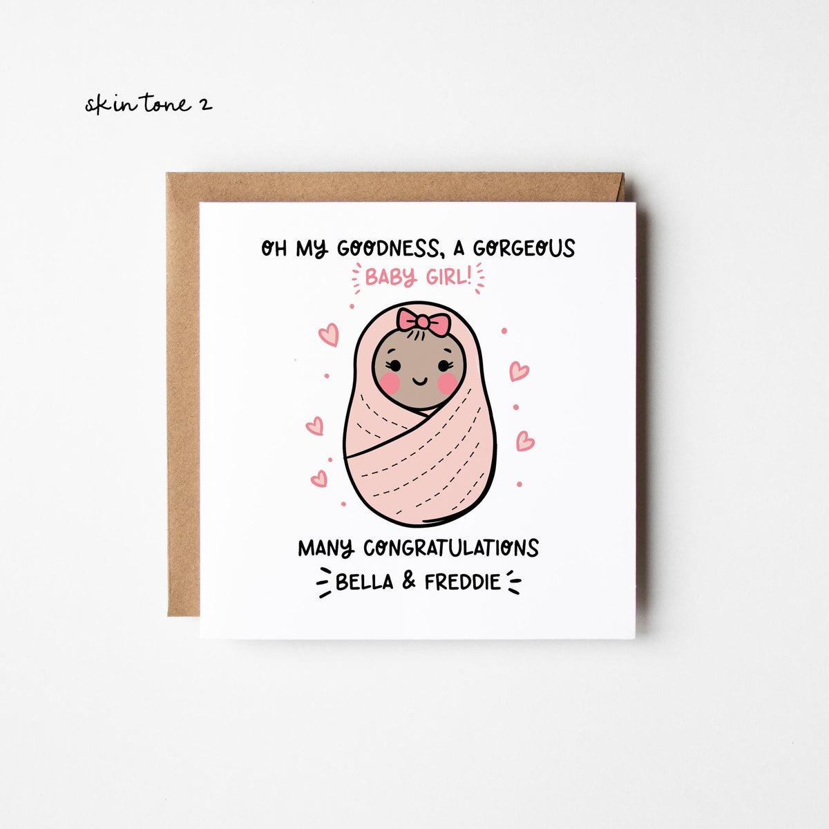 New Baby Girl Card 3 Skin Tones • Personalised New Baby Card • Congratulations New Baby Girl Card • Girl's Birth • Baby Reveal