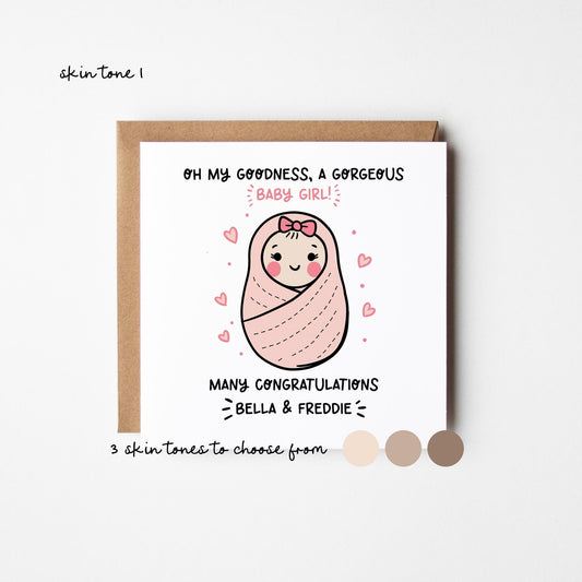 New Baby Girl Card 3 Skin Tones • Personalised New Baby Card • Congratulations New Baby Girl Card • Girl's Birth • Baby Reveal