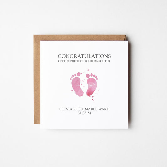 New Baby Girl Card • Personalised New Baby Card • Pink Baby Footprints Congratulations New Baby Girl Card • Girl's Birth • Pink Baby Card