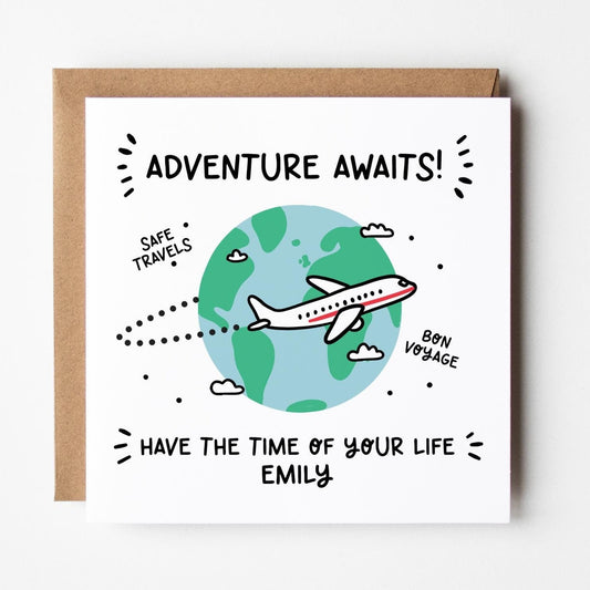 Adventure Awaits Card • Personalised Bon Voyage Safe Travels Card for Travellers • Cute Travel Card •