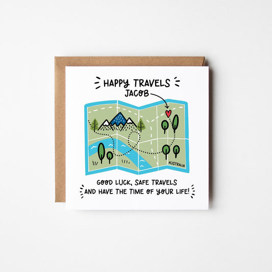 Happy Travels Map Card • Personalised Adventure Awaits Card • Bon Voyage Safe Travels Card for Travellers • Cute Travel Card •