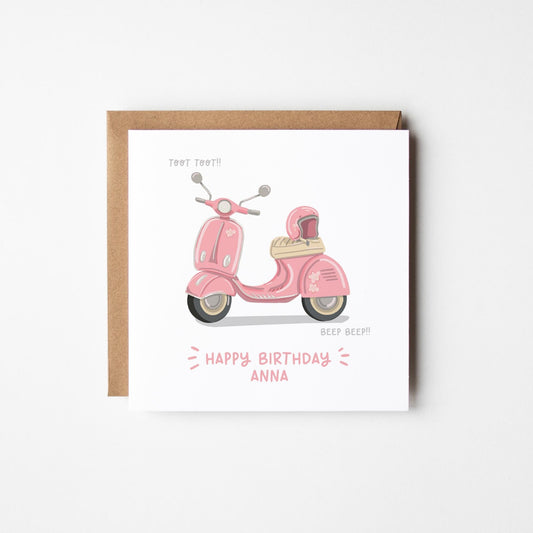 Scooter Birthday Card • Personalised Birthday Card with Pink Scooter • Personalised Birthday Card with Pink Vespa for Girls