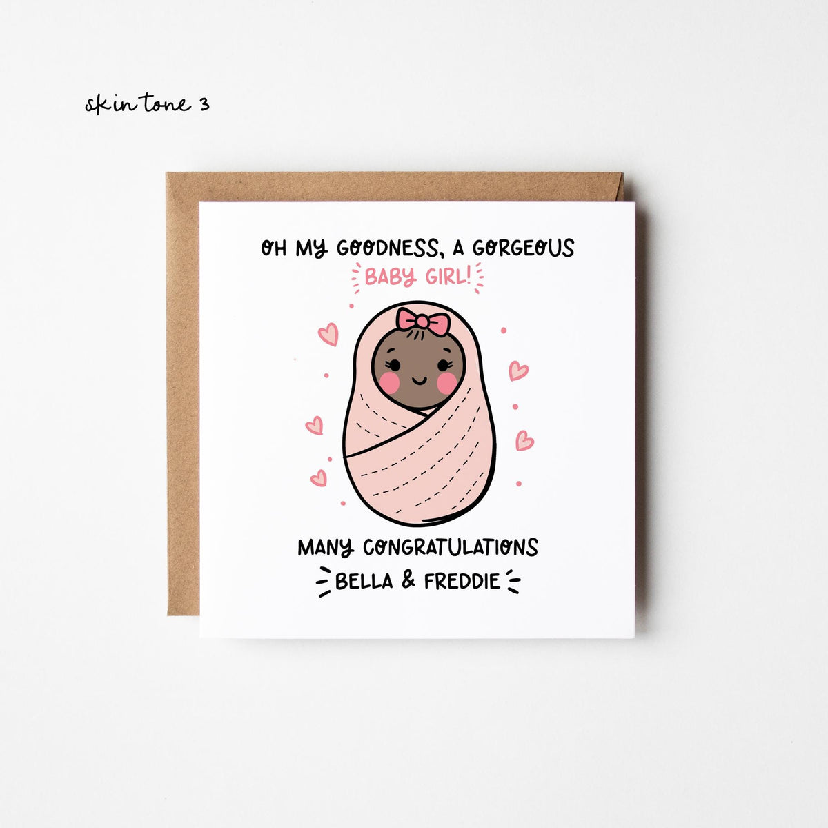 New Baby Girl Card 3 Skin Tones • Personalised New Baby Card • Congratulations New Baby Girl Card • Girl's Birth • Baby Reveal