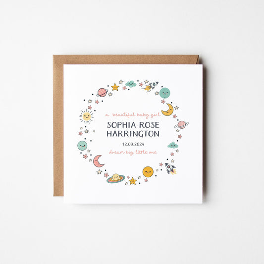 New Baby Girl Card • New Baby Card • Congratulations New Baby Girl Card • Girl's Birth • Baby Reveal • Space Theme