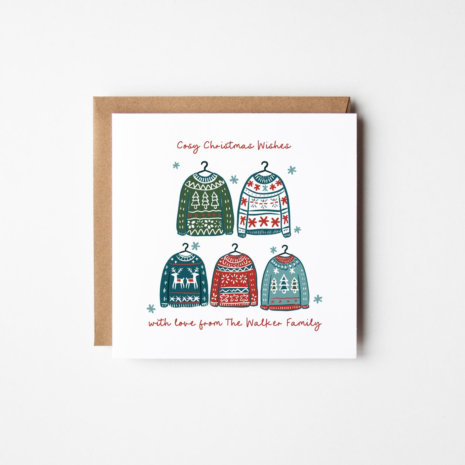 Pack of 10 Family Christmas Cards • Cosy Jumpers Christmas Card • Personalised Family of 5 Christmas Card with Sweaters • Bespoke Christmas Cards