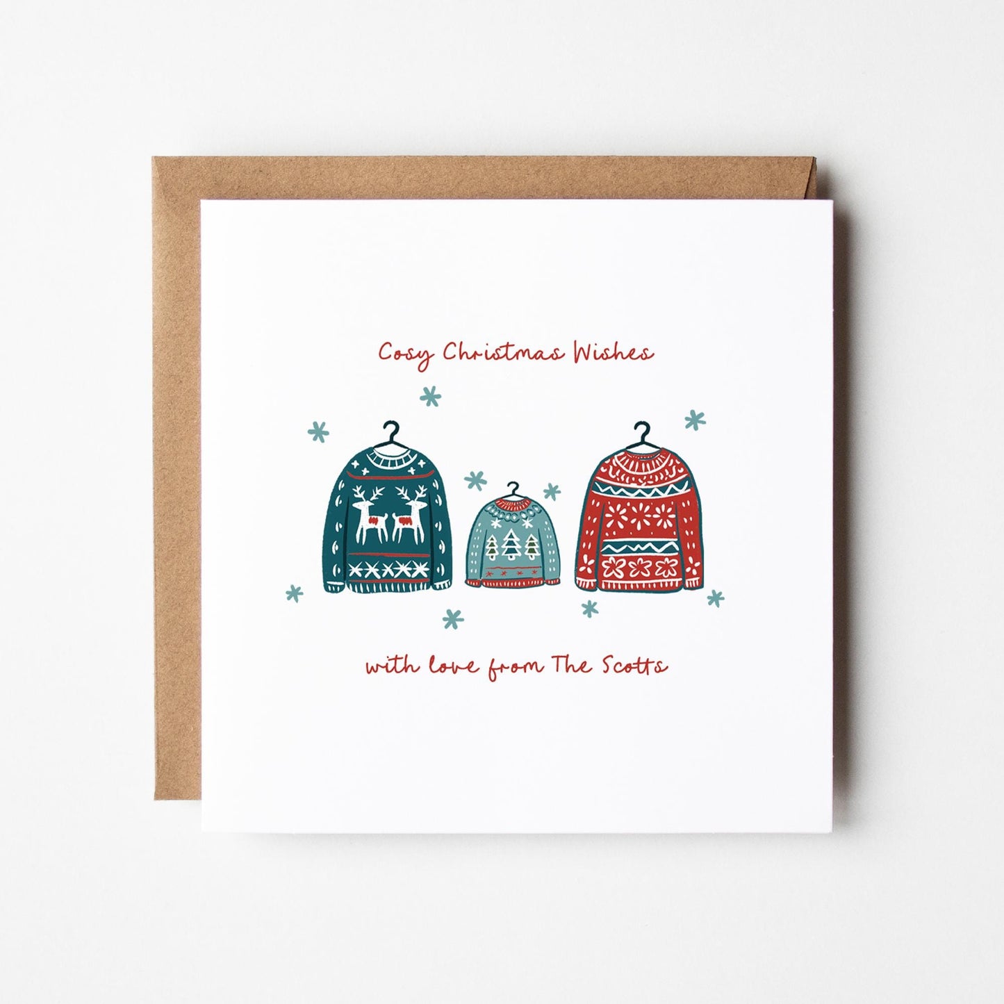 Single or Pack of New Family Christmas Cards • Cosy Jumpers Christmas Card • Personalised Family of 3 Christmas Card with Sweaters