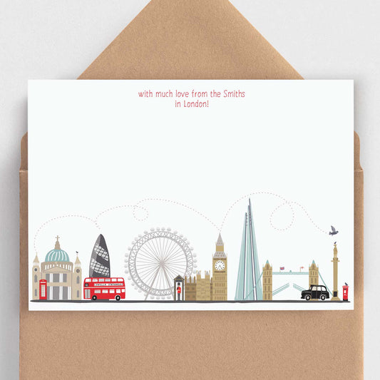 note cards with London skyline illustration on a kraft envelope