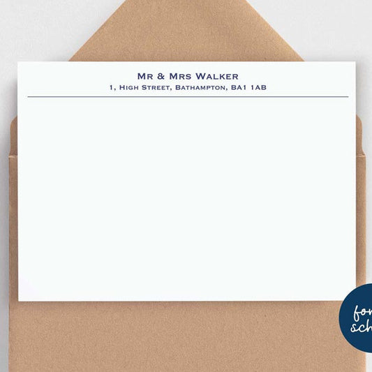 White classic correspondence cards printed with address on a kraft envelope